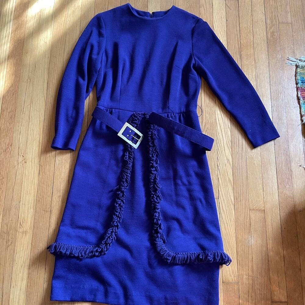 70s Does 40s Purple Long Sleeved Knit Dress w. Peplum Fringe Skirt - Picture 8 of 10
